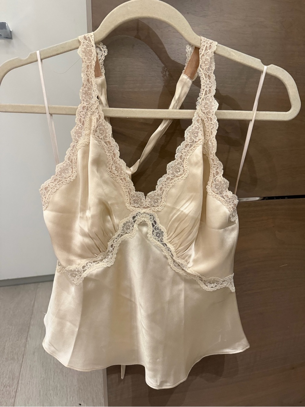 Reformation Cream Satin Lace-Trim Slip Cami